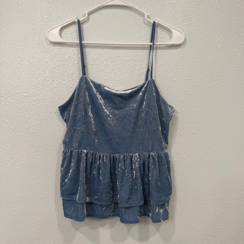 American Eagle Blue Crushed Velvet Peplum Cami Top Smocked Back Large